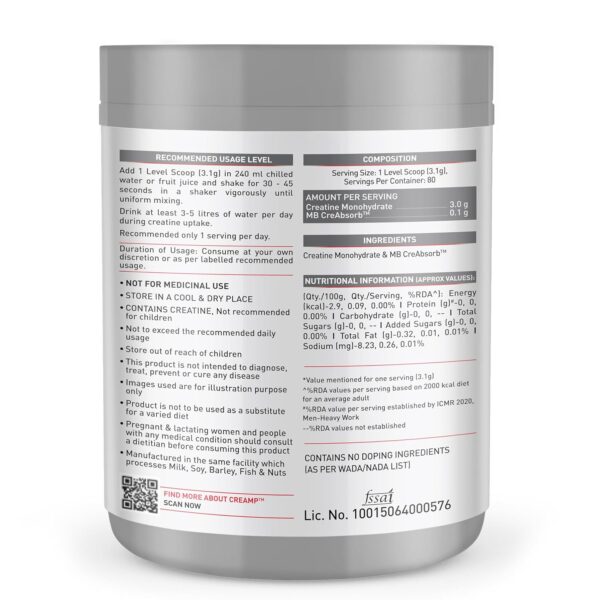 Muscleblaze Creatine Monohydrate CreAMP, 250 g Unflavored - Image 8